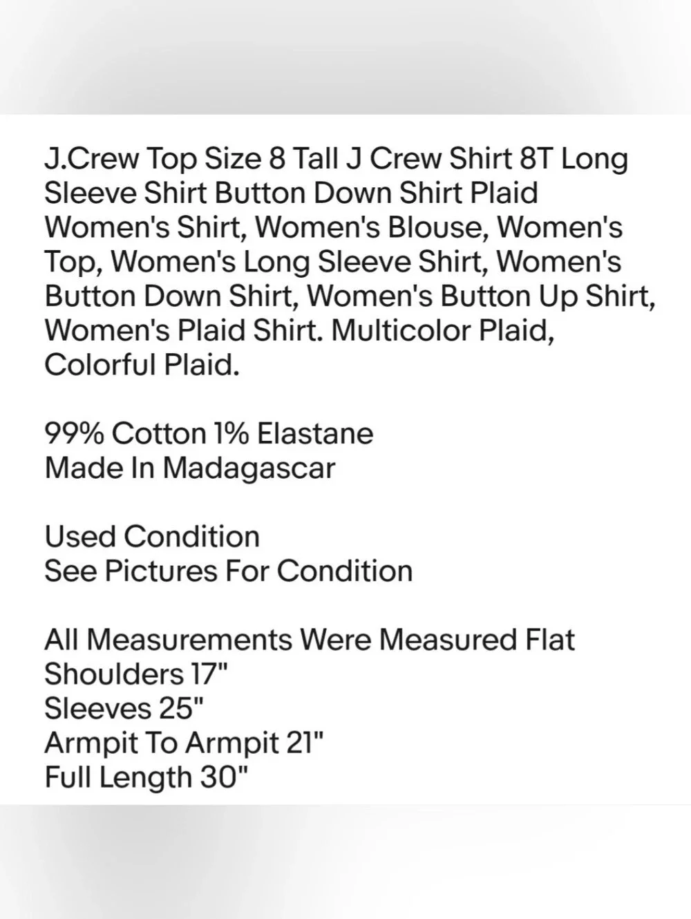 J.Crew Top Size 8 Tall J Crew Shirt 8T Long Sleeve Shirt Button Down Shirt Plaid